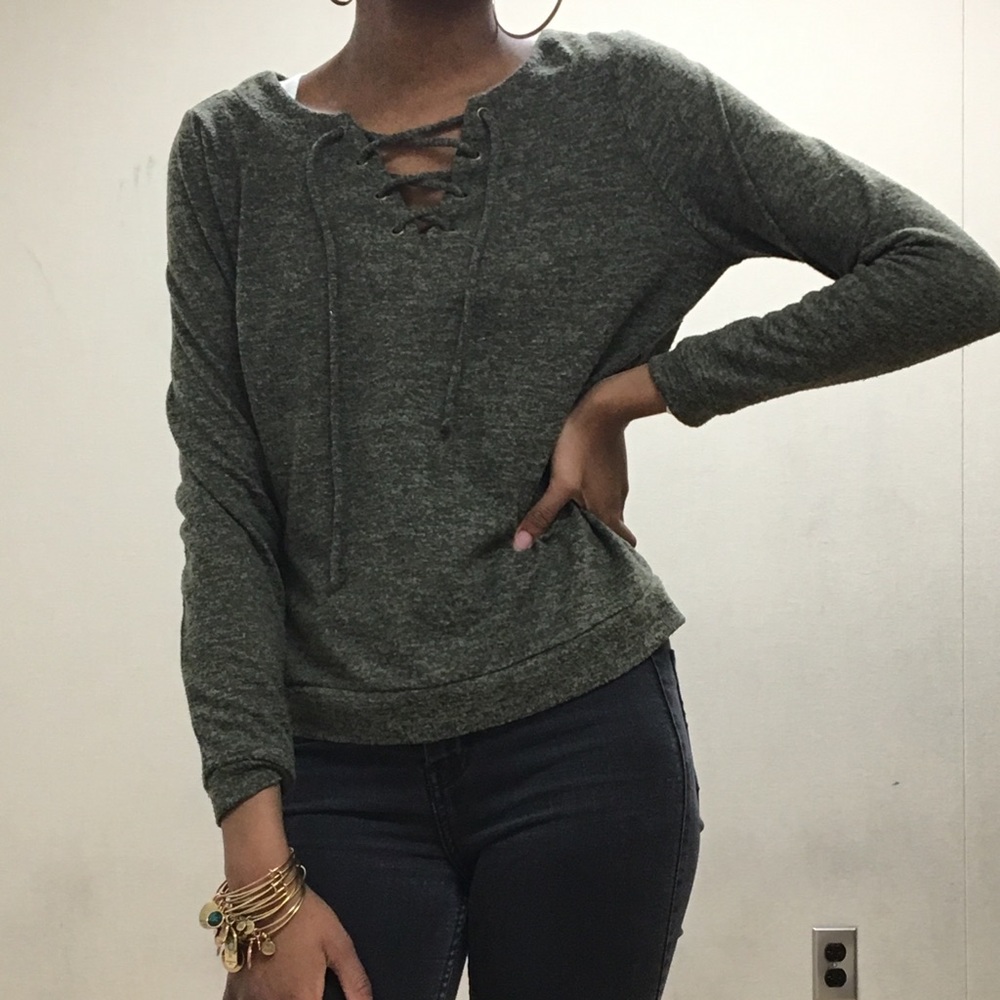 Dark Green Lace Up Long Sleeve Shirt